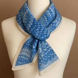 Vintage Blue Marbled Silk Scarf – 15” x 43” Hand-Rolled Edges